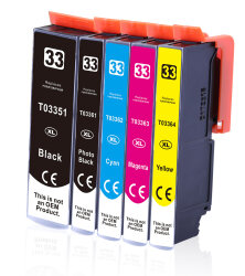 Sparset 5x kompatible Tintenpatrone ersetzt Epson 33XL T3357 schwarz, cyan, magenta, gelb, photoschwarz